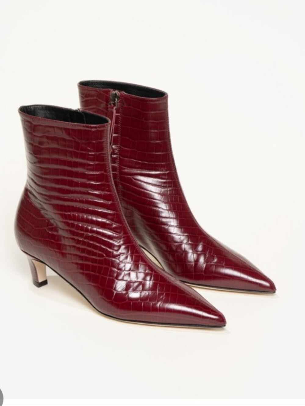 NWT M. Gemi Delfina Leather Pointed Croc-Embossed Ankle Boots - Burgundy